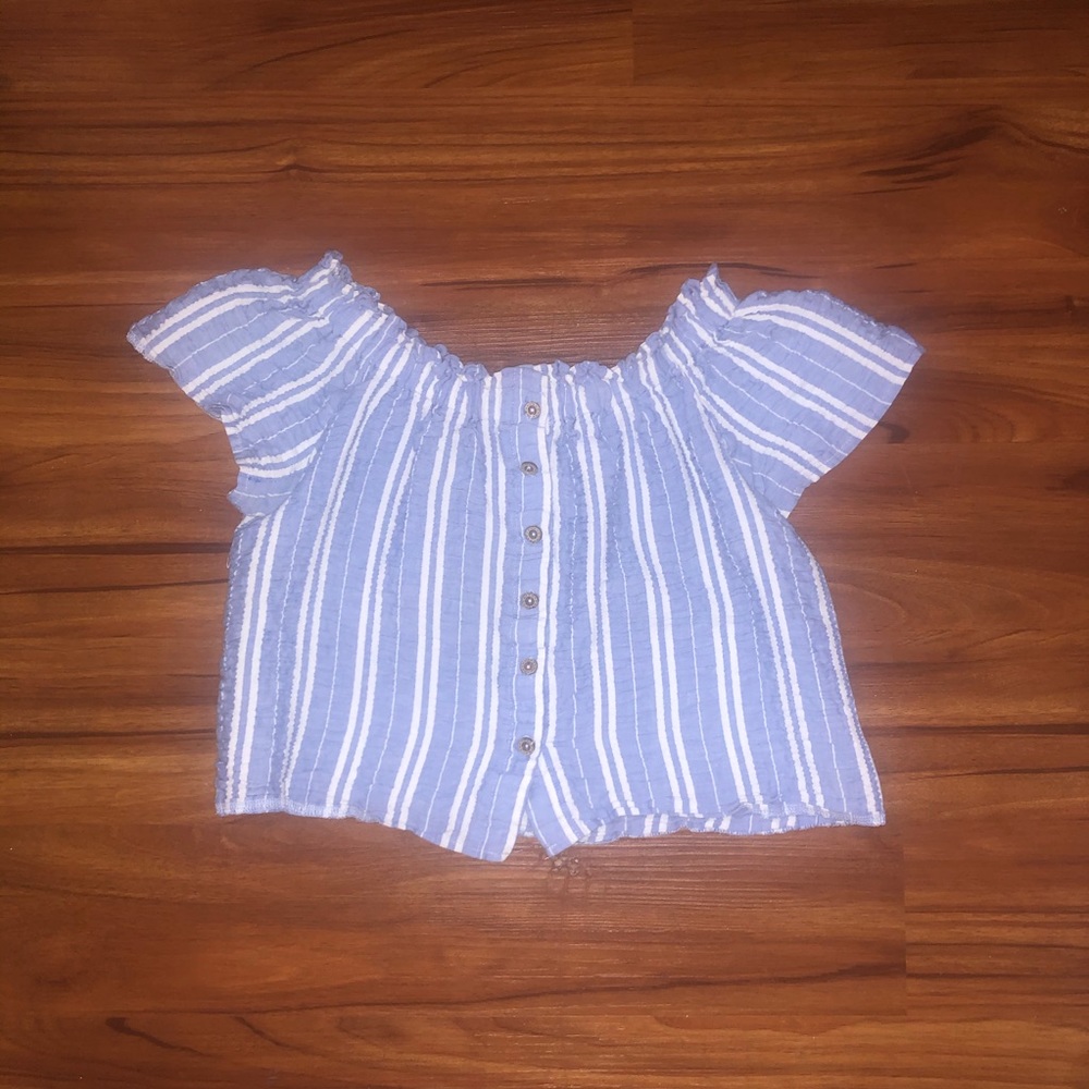 White and blue off the shoulder top